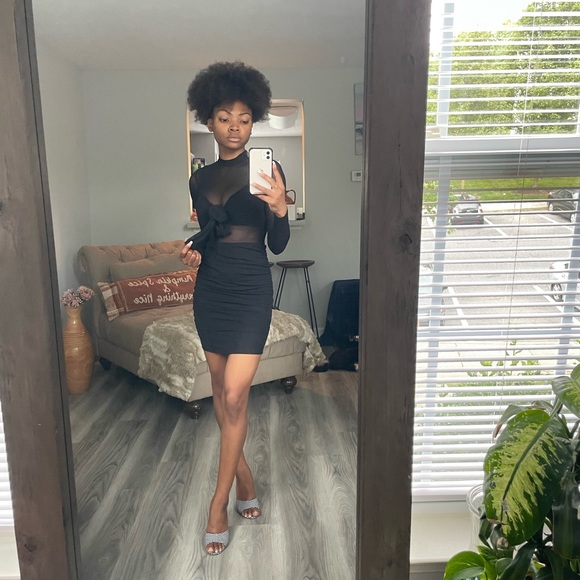 Black Long Sleeved MIDI Dress Mesh Top Material - Picture 1 of 8